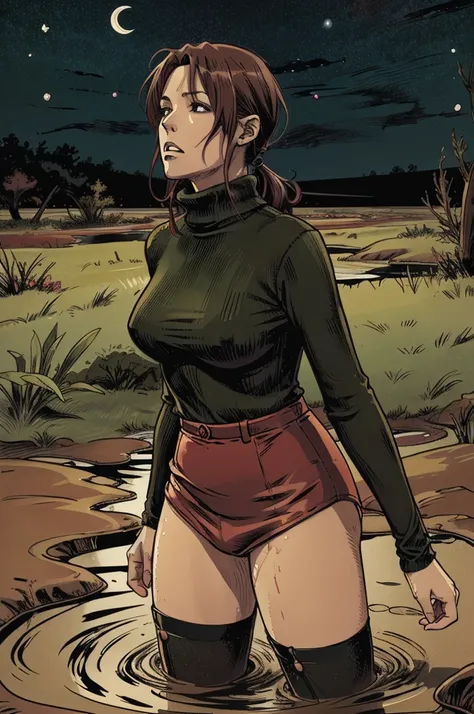 vector image, anime, mature  woman, gloomy orgasm, turtleneck and pencil skirt and stockings, drowning in the middle of quicksand bog, green,red,night sky, turns around