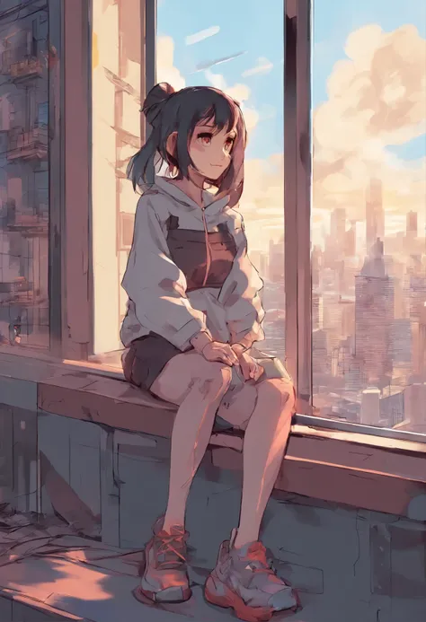 anime girl sitting on a window sill looking out at the city, lofi girl, lofi feel, lofi art, lofi artstyle, lo-fi art, lofi girl aesthetic, lofi vibes, lofi, anime vibes, lofi portrait at a window, makoto shinkai cyril rolando, lofi hip hop, chillhop