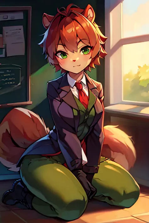 boy, squirrel, furry, bodyfur, blazer, bottomless, green tights, gloves, boots, kneeling, school