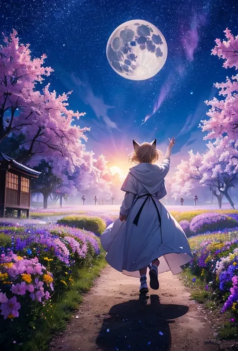 １people々々々々々々々々々々々々々々,Woman with medium length blonde hair，Fox Ears，Long coat，Takageta， Dress Silhouette， Rear View，Space Sky, Flower Field，Colorful flowers，Dancing Petals，full moon，shrine，