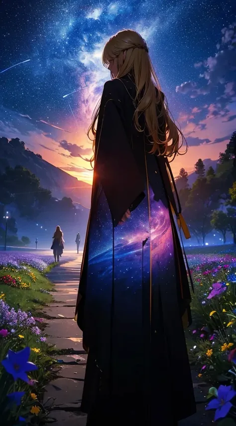 １people々々々々々々々々,Blonde long-haired woman，Long coat， Dress Silhouette， Rear View，Space Sky, Flower Field，Colorful flowers