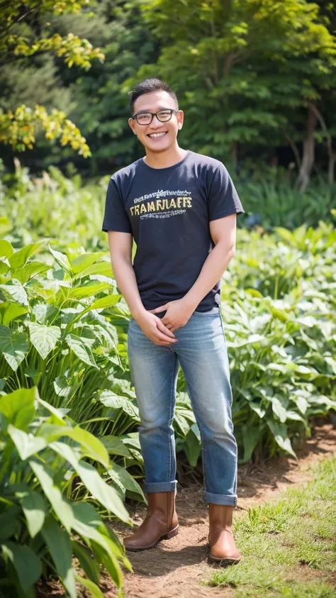 Create an image full body of a man farmer in flower garden. Bearded, glasses, wearing farmer boot and stand on front of the plants, wearing tshirt and blue jeans, garden portrait, worksafe. instagram photo, people at work, agribusiness industries, agri res...