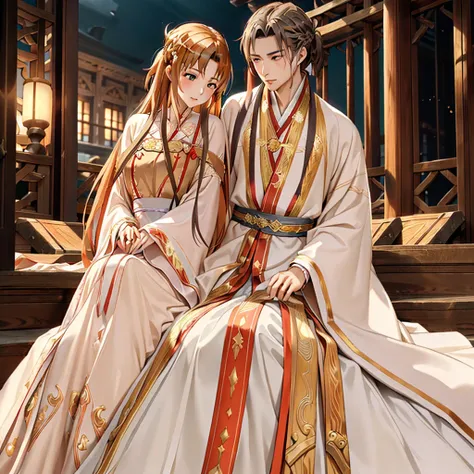 ((highest quality)), ((masterpiece)), (detailed), Perfect Face、Yuuki Asuna、Brown Hair、Hanfu、cuddling with a man、Man and wedding、The woman is in a wedding dress、、Gorgeous hair ornament、Luxury accessories、She hugs the man and presses her face against his che...