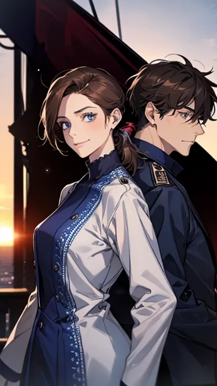 masterpiece, highest quality, 2 He, Couple, One man and one woman,mature, Adult, Height difference, Different Fashion, Different colors, Fine eyes and a fine face, ,  A man with a navy blue low ponytail,,Intricate details, coat,Dawn Sky,Stand back to back,...