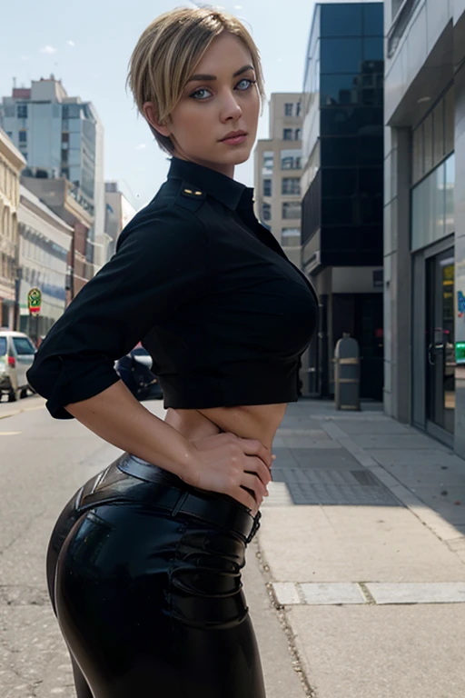 attractive police woman, black uniform, huge hips, blonde short hair, blue eyes, realistic, in the city