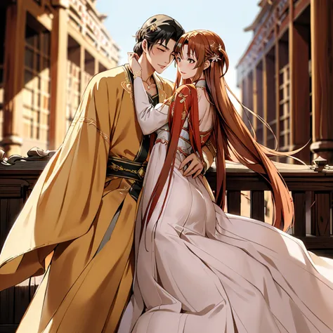 ((highest quality)), ((masterpiece)), (detailed), perfect face、yuuki asuna、brown hair、hanfu、cuddling with a man、man and wedding、...