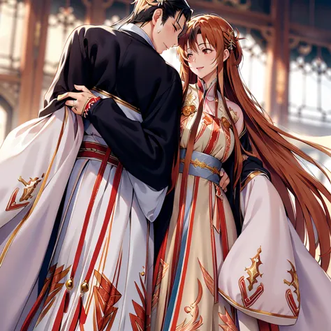 ((highest quality)), ((masterpiece)), (detailed), Perfect Face、Yuuki Asuna、Brown Hair、Hanfu、Gorgeous embroidery、cuddling with a man、Man and wedding、The woman is in a wedding dress、Woman has a happy face、Gorgeous hair ornament、Luxury accessories、The woman i...