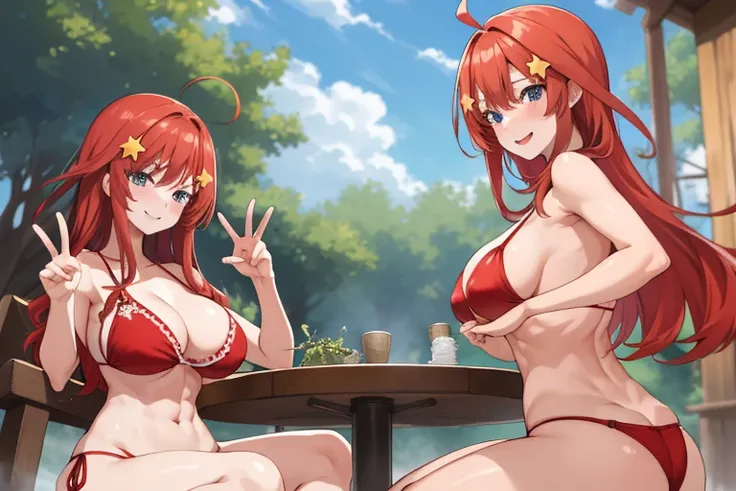 2d, masterpiece, best quality, anime, highly detailed, 5 girl, photo of 5 girl, quintuplets, nakano itsuki, red hair, long hair, star hair ornament, ahoge, large breasts, standing, onsen, red bikini, outdoors, smile, abdominal, abs muscular, belly button, ...