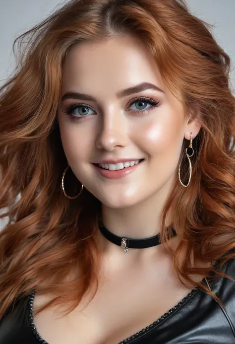 hyperrealistic beautiful busty 18-year-old women in shiny longsleeve croptop and leather leggins, model shooting full body photography, natural redhead very long messy hair, dark eye makeup with eyeliner, seductive smile, small necklace and earrings, 8K, b...