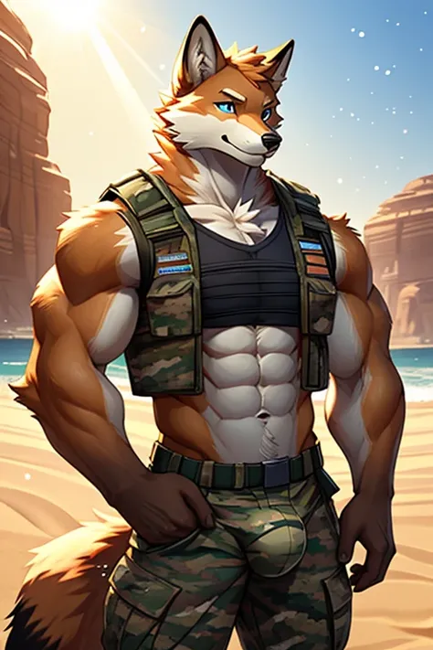 Masterpieces, furry, male, Anthropomorphic, red fox, blue eyes, black mark on muzzle, veiny, thin body, age 20, Delicate eyes, furred body, on a beach, perfect lighting, light particles,(best quality),(masterpiece),(ultra detailed), sharp focus, light part...