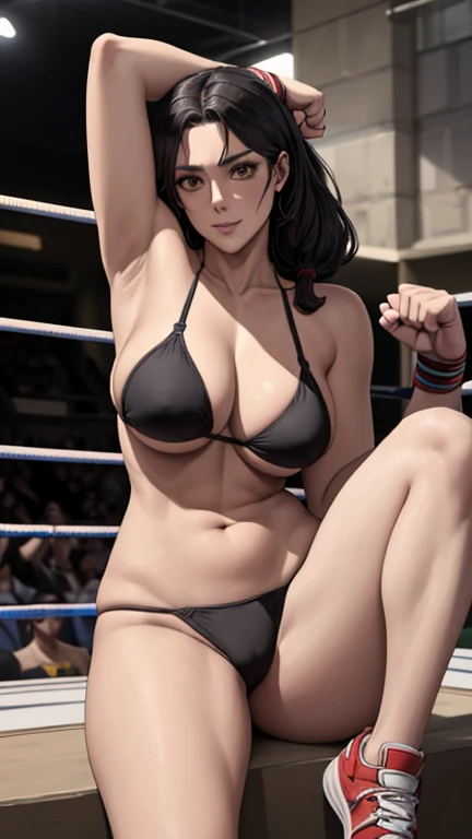  (female wrestler), slender body, mature woman, milf, (bikini, wrestling gear, sports hand band ) victorious, gorgeous, winner, kind face, smile, closed mouth, sitting, sport shoes, pulling one leg up, pale skin, (black hair color:1.1), wavy hair, ((long h...