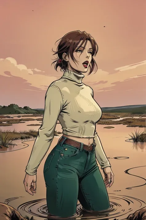 vector image, anime, mature  woman, gloomy orgasm, turtleneck and jeans, drowning in the middle of quicksand bog, green,red,sky, red lips, turns around