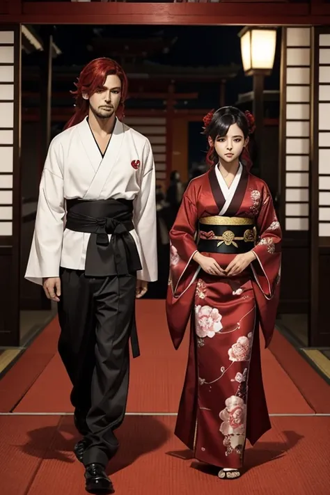 Un hombre pelirojo cabello medio largo con traje ninja y mujer peliroja cabello largo con kimono  que son de una clan del antiguo japon que son pareja 