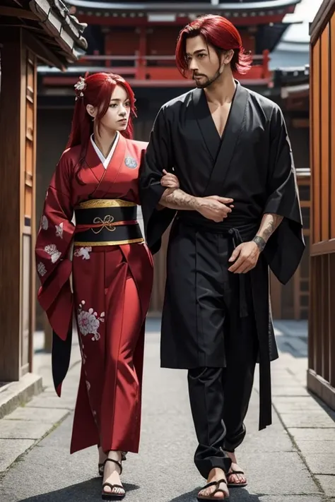 Un hombre pelirojo cabello medio largo con traje ninja y mujer peliroja cabello largo con kimono  que son de una clan del antiguo japon que son pareja 