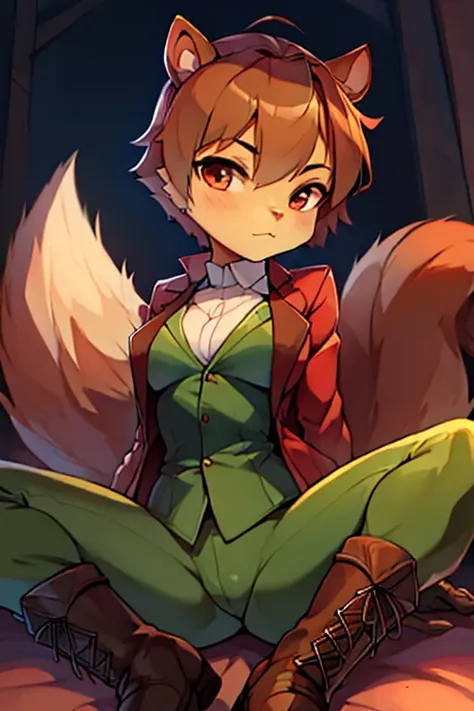 boy, squirrel, furry, bodyfur, blazer, bottomless, green tights, gloves, boots, spread legs