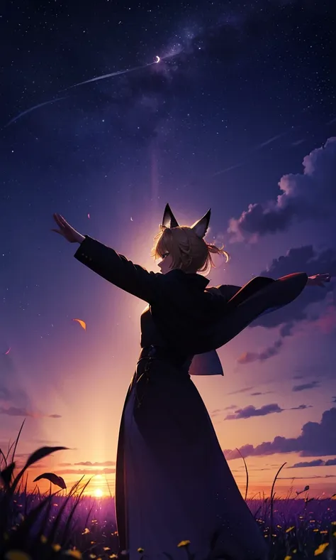 １people々々々々々々,woman with medium length blonde hair，fox ears，long coat，takageta， dress silhouette， rear view，space sky, flower fi...