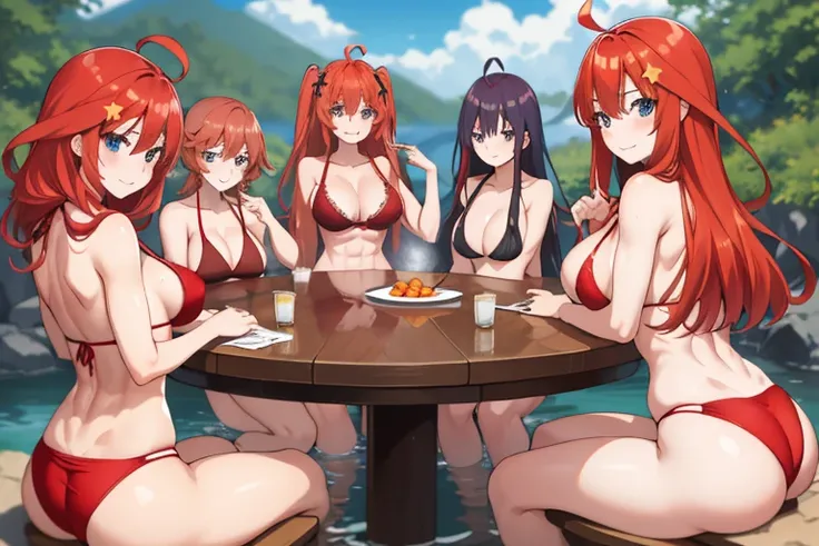 2d, masterpiece, best quality, anime, highly detailed, 5 girl, photo of 5 girl, quintuplets, nakano itsuki, red hair, long hair, star hair ornament, ahoge, large breasts, standing, onsen, red bikini, outdoors, smile, abdominal, abs muscular, belly button, ...