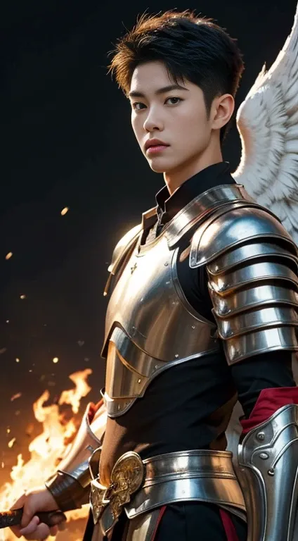 A asian boy like Mighty Archangel Michael,19 years old, handsome, Full Body Shoot, Short Quiff hairstyle, (eyes contact), look at camera, detailed facial parts, Manly, with a muscular constitution :: high detail, is in battle armor, flaming blue sword of g...