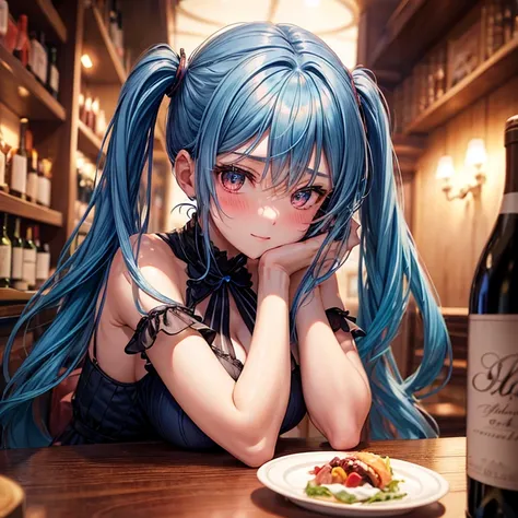 A beautiful girl with blue hair and twin tails,blush,Wine,Luxury Restaurant,Wine on the table,wine cellar,Drinking red wine,Wear a dress,valley,slender