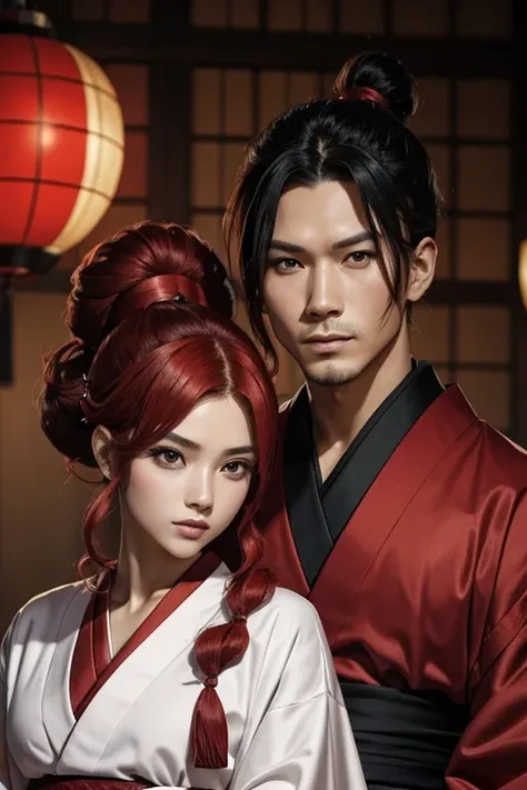 Un hombre pelirojo cabello medio largo con traje ninja y mujer peliroja cabello largo con kimono  que son de una clan del antiguo japon los dos son primos y pareja por eso se parecen 