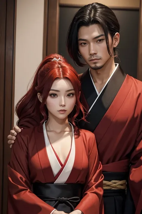 Un hombre pelirojo cabello medio largo con traje ninja y mujer peliroja cabello largo con kimono  que son de una clan del antiguo japon los dos son primos y pareja por eso se parecen 