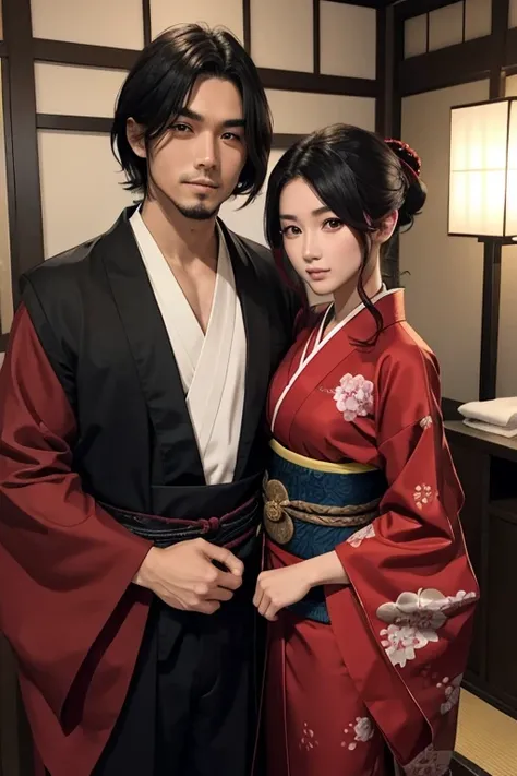 Un hombre cobrizo medio largo con traje ninja y mujer peliroja cabello largo con kimono  que son de una clan del antiguo japon los dos son primos y pareja por eso se parecen 