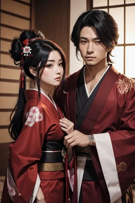 Un hombre cobrizo medio largo con traje ninja y mujer peliroja cabello largo con kimono  que son de una clan del antiguo japon los dos son primos y pareja por eso se parecen 