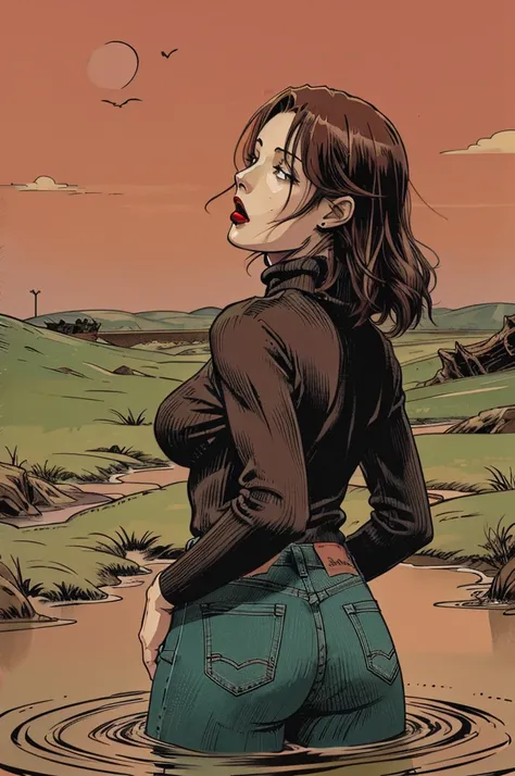 vector image, anime, mature  woman, gloomy orgasm, turtleneck and jeans, drowning in the middle of quicksand bog, green,red,sky, red lips, turns around, provocative photo session