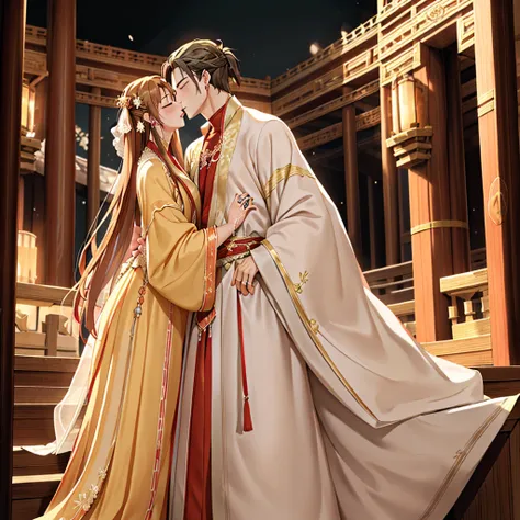 ((highest quality)), ((masterpiece)), (detailed), Perfect Face、Yuuki Asuna、Brown Hair、Hanfu、Gorgeous embroidery、cuddling with a man、((Man and woman get married at the palace))、((A man and a woman kiss each other))、Man and wedding、The woman is in a wedding ...