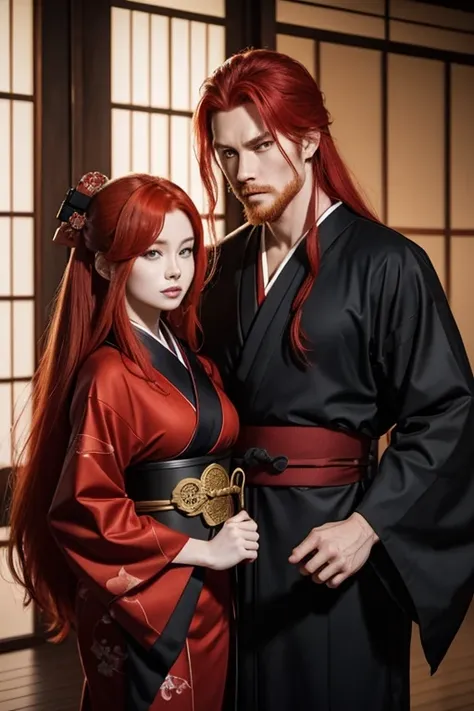 A red-haired man with a ninja suit and a red-haired woman with long hair in a kimono who are from a clan from ancient Japan. The two are cousins and a couple.