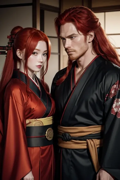 A red-haired man with a ninja suit and a red-haired woman with long hair in a kimono who are from a clan from ancient Japan. The two are cousins and a couple.