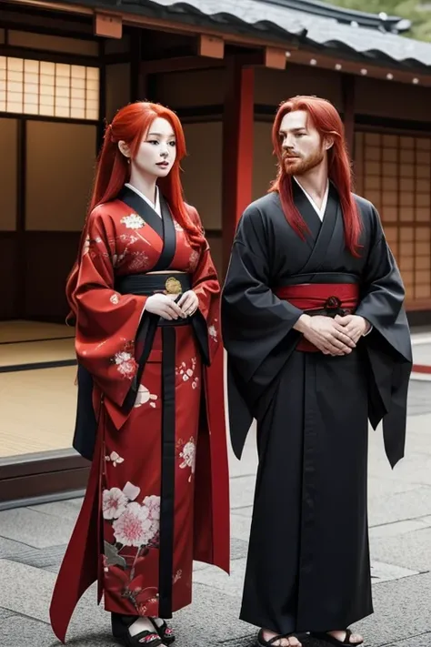 A red-haired man with a ninja suit and a red-haired woman with long hair in a kimono who are from a clan from ancient Japan. The two are cousins and a couple.