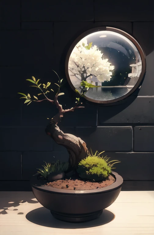 ink illustration,manchas de tinta,respingos de tinta,tinta escorre,manchas de tinta,tinta desbotada,dramatic bonsai tree,plant on black reflective surface,nascer do sol,detalhado,incredible natural lighting,earthy pastel colors,crying for lost children,sym...