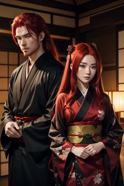 A red-haired man with a ninja suit and a long-haired red-haired woman with a kimono who are from a clan from ancient Japan. The two are cousins and a couple, both of them are young and handsome. 