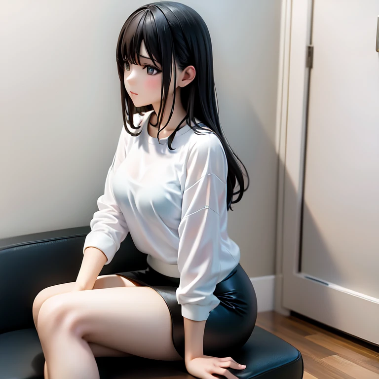 Alafe woman in white shirt and black skirt sitting on sofa, Wearing a blouse, Korean women, Tight shirt, Korean Girls, Quality white shirt, beautiful south Korean women, Wear a shirt, wearing Tight shirt, wear tight, simple clothes, White blouse, Smooth wh...