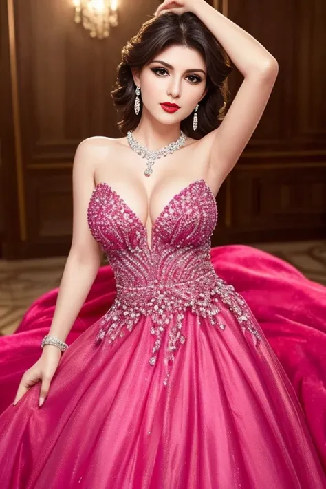 Lebanese woman, diamond dangling earrings, necklace, bracelets, small breasts, 40 years old, smokey eyes, cleavages, red lips, innocent face, hot pink fashion ball gown, stylish hairstyle, posing, modeling,