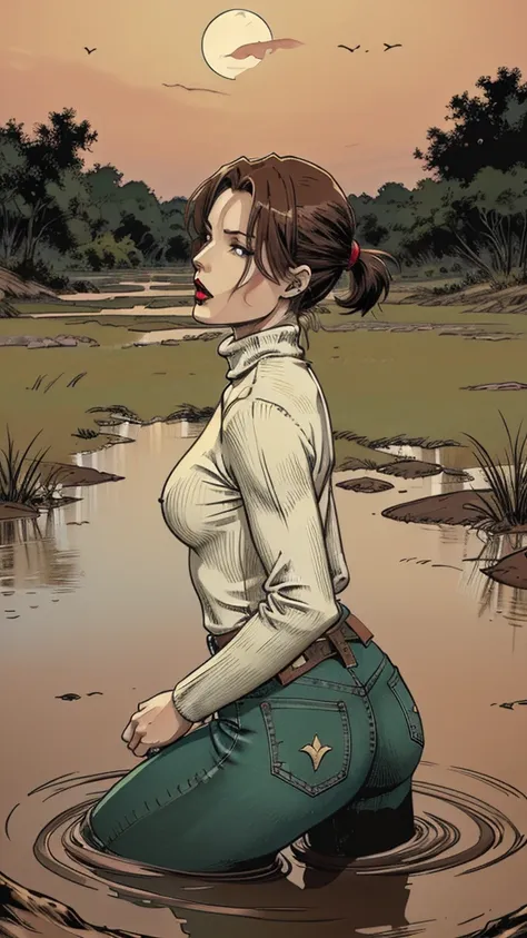 vector image, anime, mature  woman, gloomy orgasm, turtleneck and jeans, drowning in the middle of quicksand bog, green,red,sky, red lips, turns around, provocative photo session