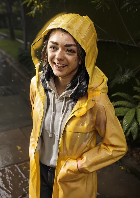 (yellow rain jacket, baggy clothes:1.3) (hood:1.3)  (wet:1.3) to walk, laughing, mouth open,dressed, eyes are open, three-quarte...