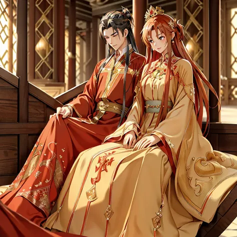 ((highest quality)), ((masterpiece)), (detailed), perfect face、yuuki asuna、brown hair、hanfu、gorgeous embroidery、cuddling with a ...