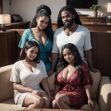 two young biracial sisters sitting next to african man beard, couch in a living room, happy, detail portrait shot 8k, high quality portrait, shot on sony a 7 iii, 8k portrait render, 8k photo