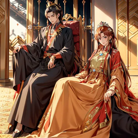 ((highest quality)), ((masterpiece)), (detailed), perfect face、yuuki asuna、brown hair、hanfu、gorgeous embroidery、((a man sits on ...