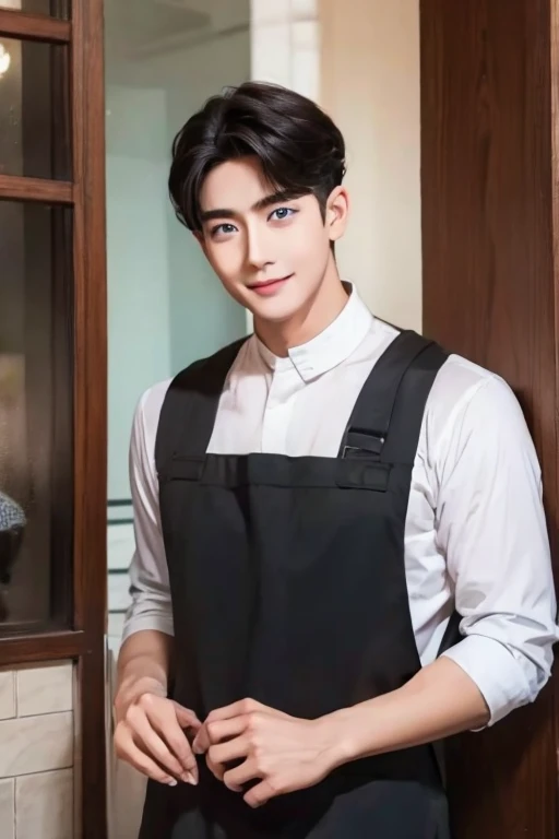 Man 1、Black short hair, Long black eyelashes、Black eyebrows、Handsome man，Have expressive eyes, Smile, blue eyes、Detailed background、long apron