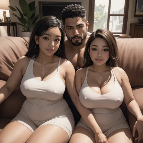 two young biracial busty thicc sisters sitting next to muscular latino man with a short beard, couch in a living room, happy, detail portrait shot 8k, high quality portrait, shot on sony a 7 iii, 8k portrait render, 8k photo