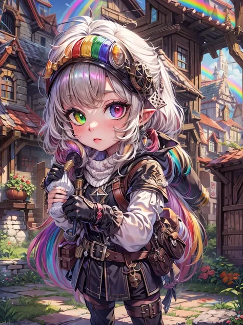 (1female, gnome, midget), ((rainbow hair, curly hair, heterochromia rainbow eyes)), ((wearing a black and brown and white leather thief outfit)), background: fantasy medieval village, Conceptual art, UHD, masterpiece, anatomically correct, high details, su...