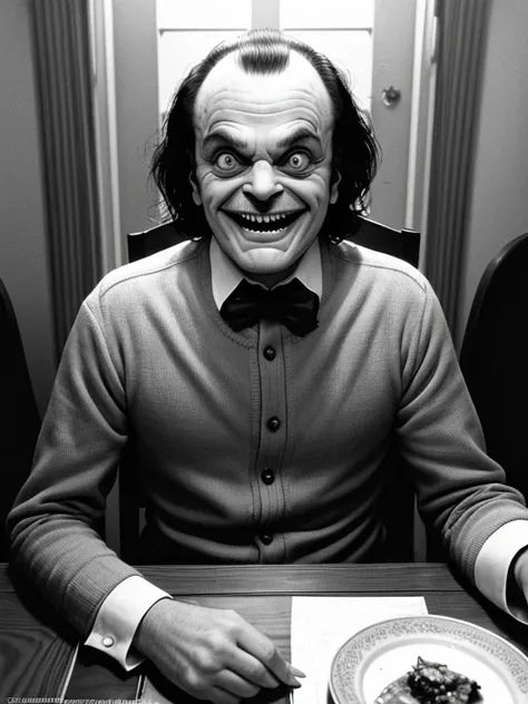 arafed man with his mouth open sitting at a table, the shining, the shining overlook hotel, stanley kubrick the shinning, the shining 1980, hannibal lector, self - satisfied smirk, giddy smirk, shining, unsettling grin, choke smirk smile grin, evil smirk, ...