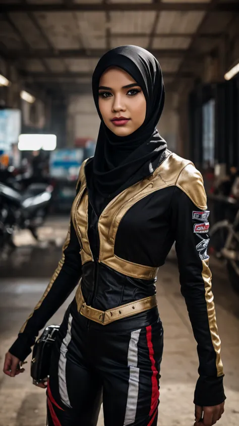 Produce a visually striking 8K AI-generated image of a Malay hijab girl drag racer in his 20s within a steampunk-inspired world. Use photorealism to bring out the racers personality and determination, while also infusing the image with the intricate and im...