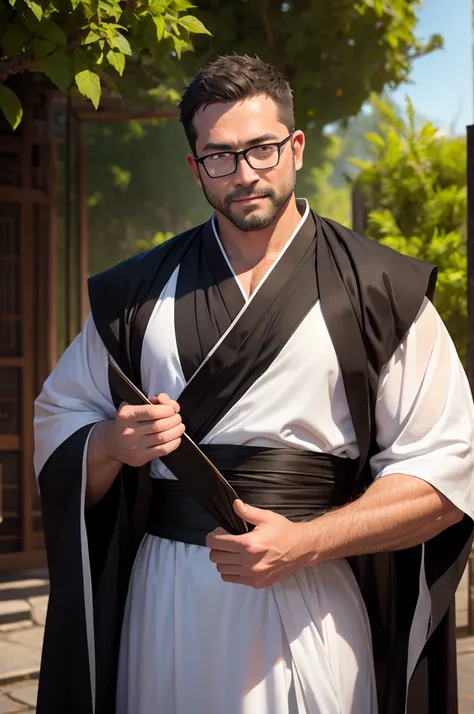 An award-winning original photo，A wild muscular man, (40 years old daddy:1.1), 1boy, Solo, (black robe holding a fan and circling with fairy spirit, white hanfu), (hanfu, flowing white robe), (big shoulders), musculature, stubbles, Short beard, Beautiful e...