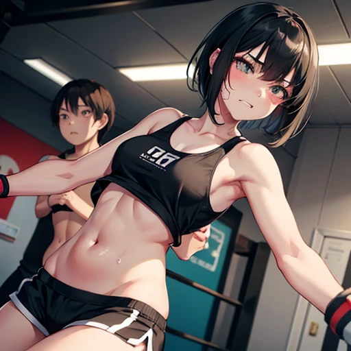 Cute slender high school girl, mma gym, being punched in her belly, pained expression, clenching her teeth to endure, just a few muscle sinews visible, short black hair, small breasts, tank top, short shorts