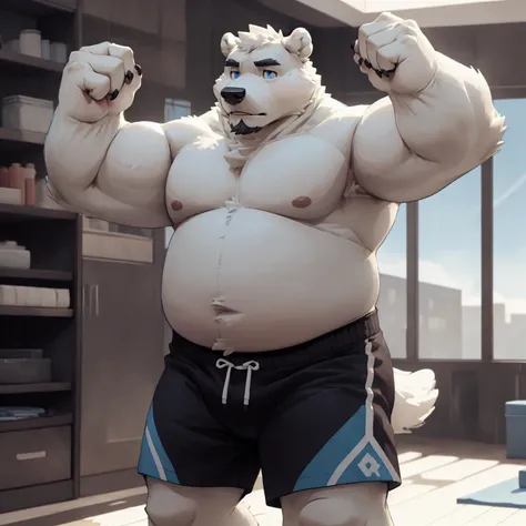 New Jersey 5 Furry，polar bear，portrait，Exquisite， Chubby，Fat，Thick arms，Rugged muscles，Topless，White plush fur，Chubby脸，Black eyebrows，Sky blue eyes，Beard，shorts，in the room，Yoga