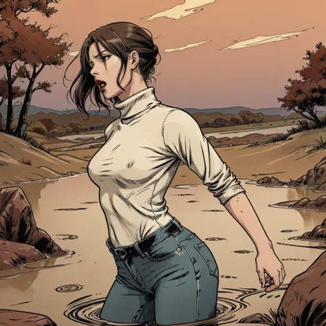 vector image, anime, mature  woman, gloomy orgasm, turtleneck and jeans, drowning in the middle of quicksand bog,red,sky, red lips, turns around, from side view